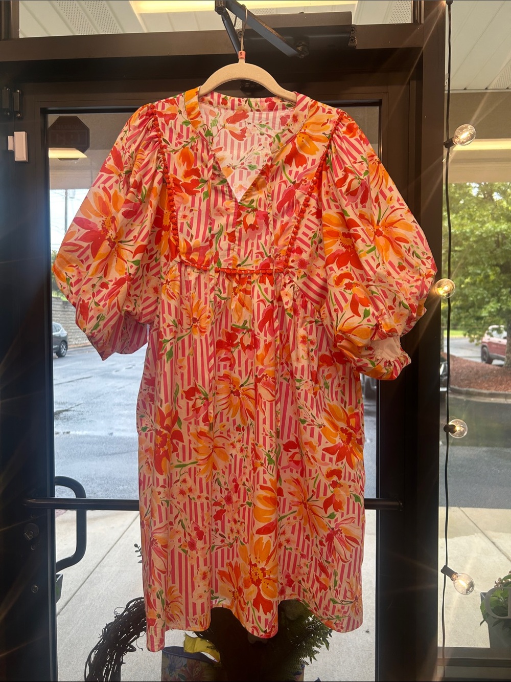 Striped floral, print tie neck puff sleeve, loose mini dress. 100% Cotton. XL